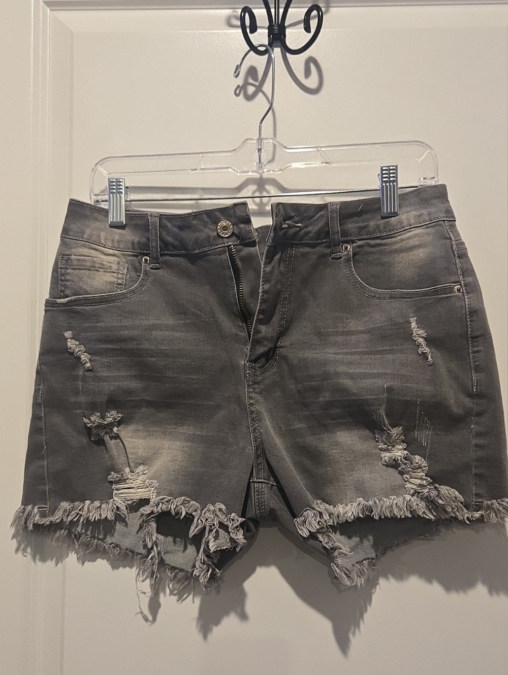 Women's Distressed Gray Denim Jean Shorts - Frayed Hem